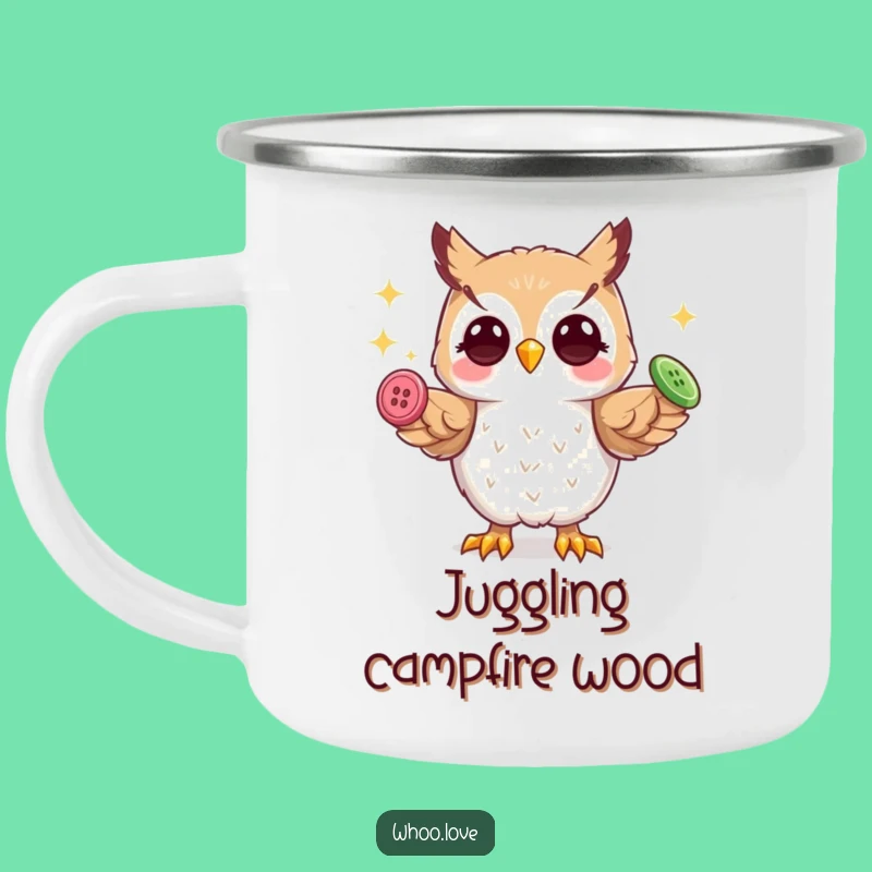 Funny Playful Owl Camping Mug: Juggling Buttons, Durable & Whimsical Gift
