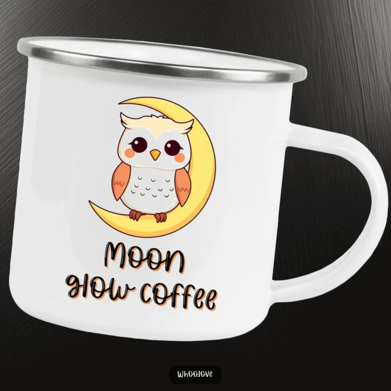 Funny enamel camping mug with a smiling owl on a crescent moon, perfect for nighttime adventures, a funny gift.