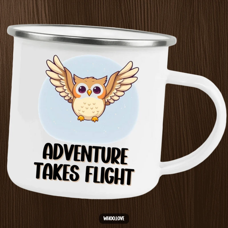 Funny owl camping mug featuring a happy owl character soaring through the night sky, wings spread wide, ready for any outdoor escapade.