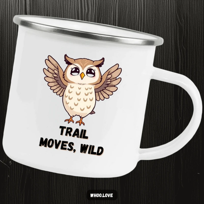 Funny enamel camping mug showcasing a striped owl performing a silly dance, ideal for outdoor enthusiasts.