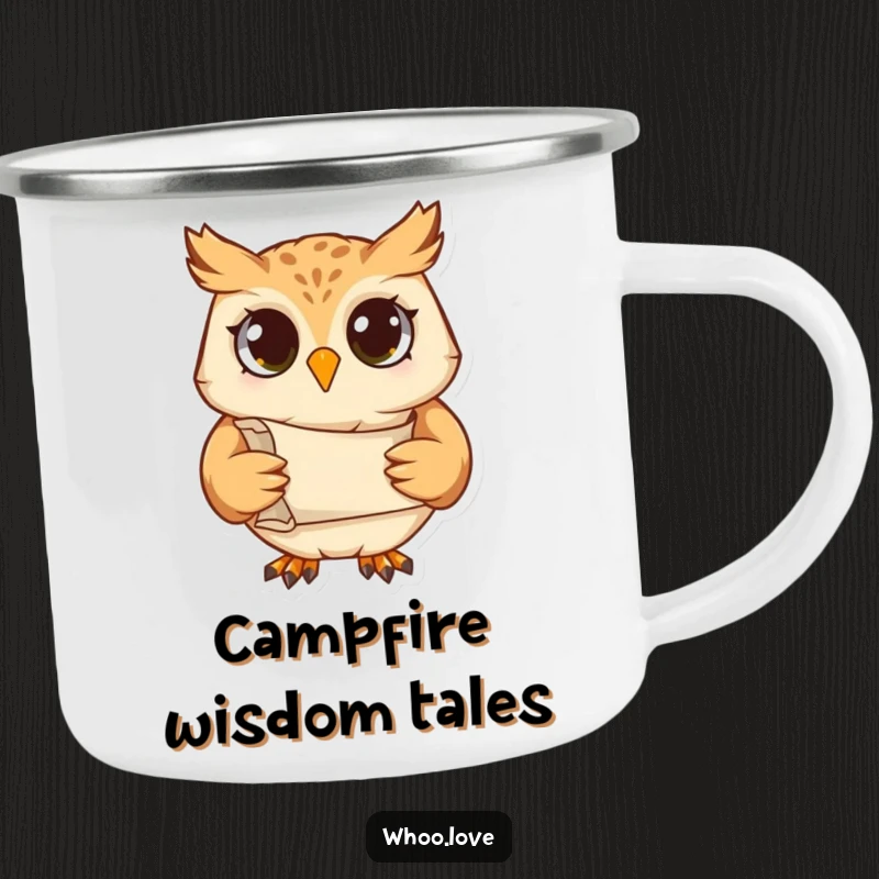 Funny camping mug showcasing a studious owl character holding a scroll, perfect for enjoying beverages during outdoor excursions.