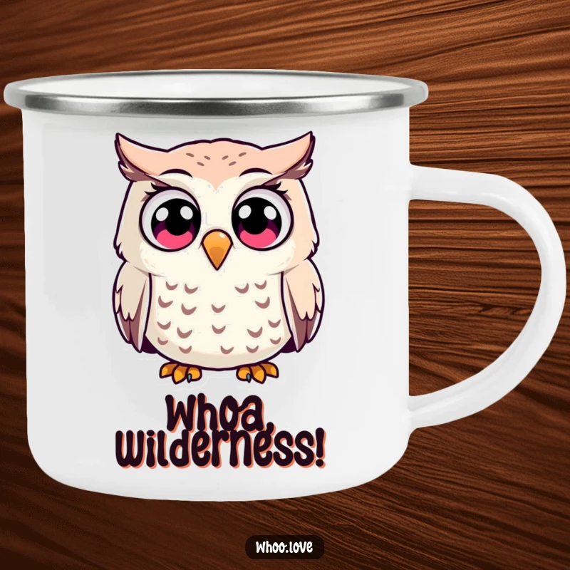 Funny surprised owl character camping mug, depicted with comically wide, shocked eyes, perfect for outdoor adventures and humorous sipping.