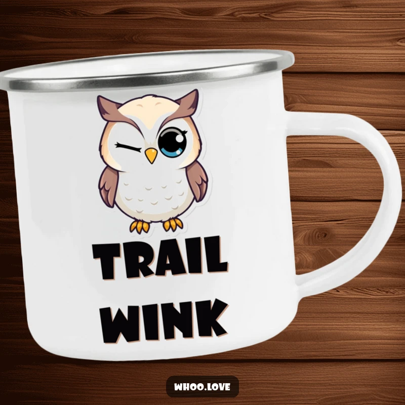 Funny enamel camping mug featuring a cheeky owl character giving a knowing wink with its prominent eye.