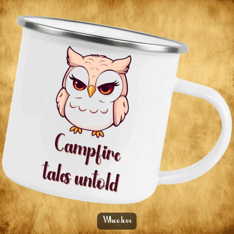 Funny winking owl camping mug showing an owl with a mischievous grin and wink. A durable and humorous mug for outdoor use.