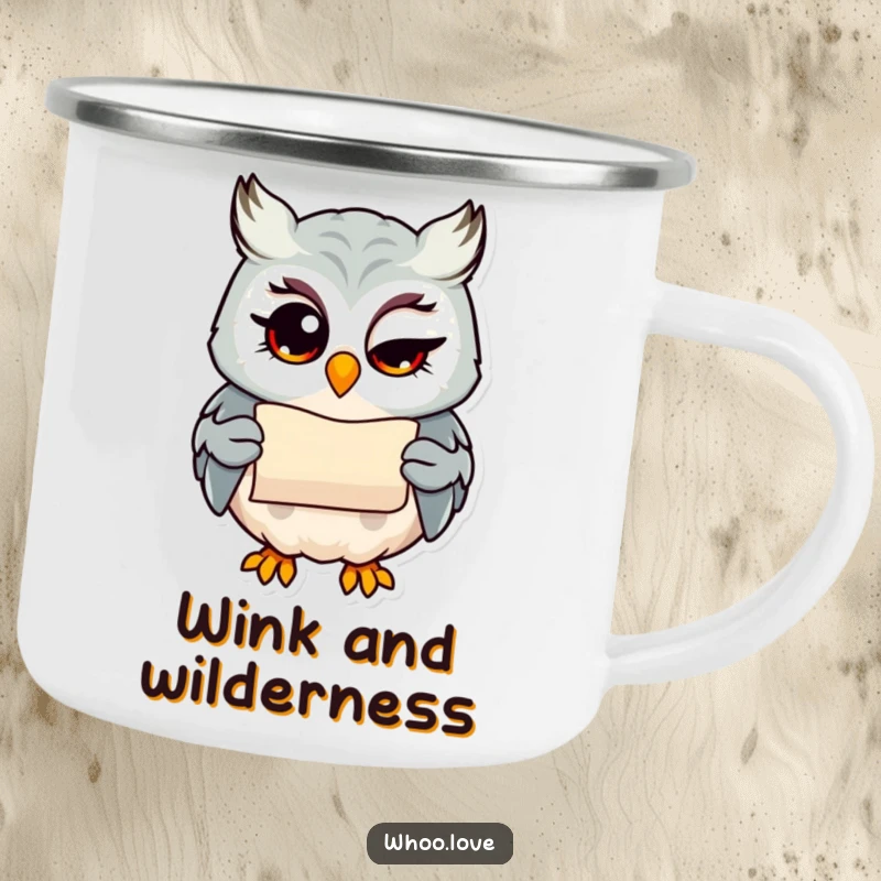 Funny owl with a wink holding a tiny scroll, mischievous camping mug, durable and witty gift.
