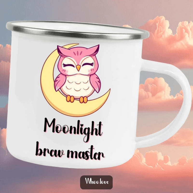 Funny owl camping mug, a winking character on a crescent moon, durable and humorous for outdoor enthusiasts.