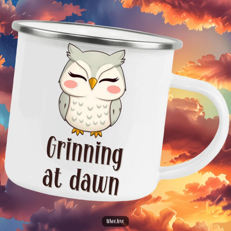Funny enamel camping mug with a wide-smiling owl, ideal for outdoor adventures and happy drinks.