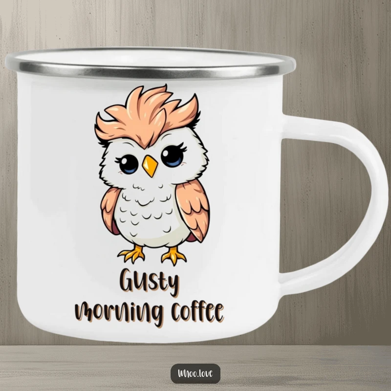 Funny silly owl with ruffled feathers caught in a strong wind gust, cute chaotic camping mug, durable and humorous gift.