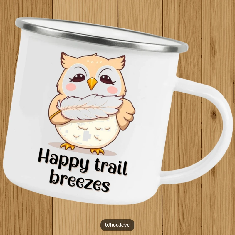 Funny giggling owl camping mug, showing a delighted owl blowing a feather, perfect for outdoor brews and bringing smiles to any adventure.