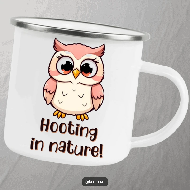 Funny enamel camping mug featuring a cute owl character hooting with large, excited eyes, perfect for happy campers, a funny gift.