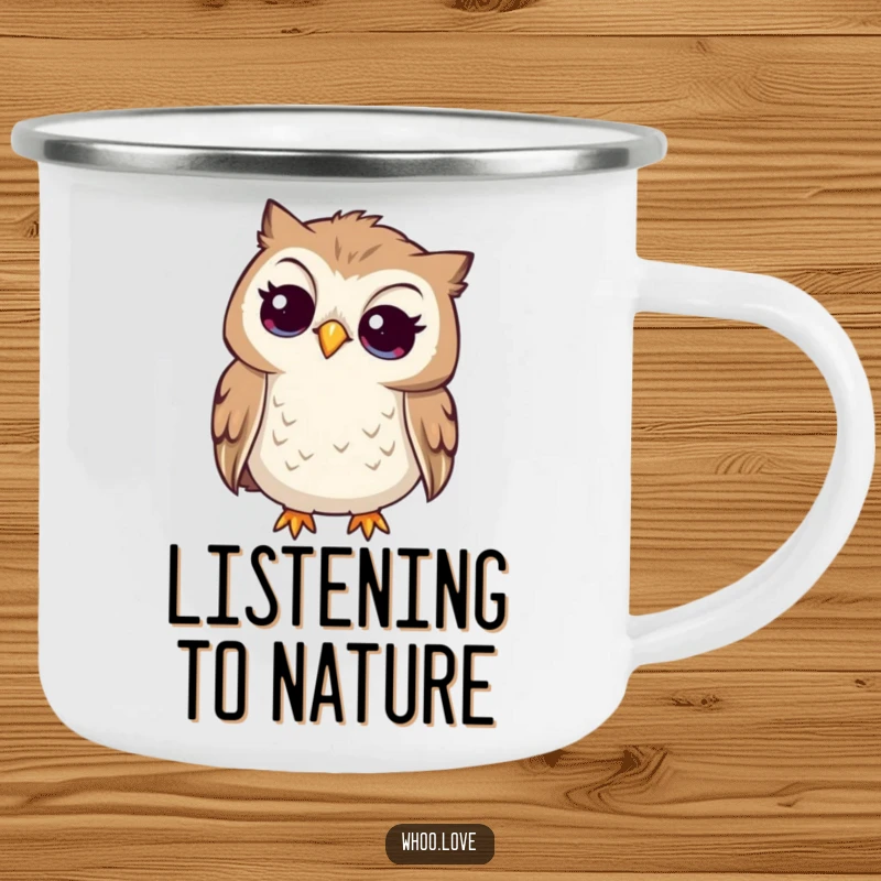 Funny curious owl camping mug, owl tilting its head to listen intently, durable for outdoor contemplation.