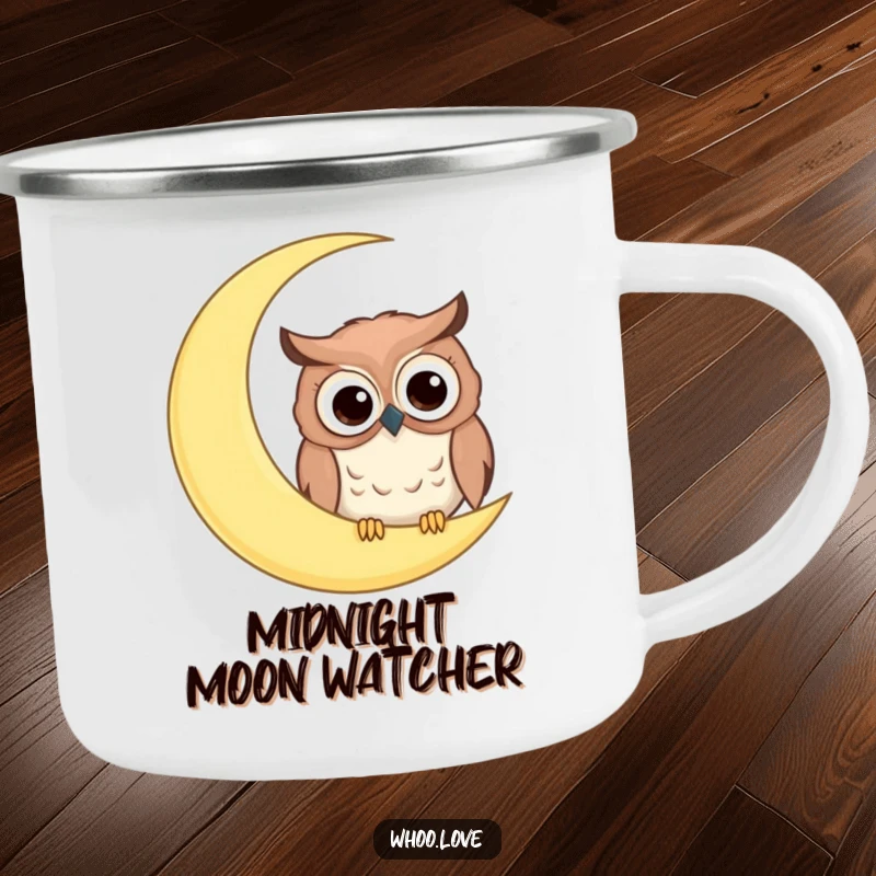 Funny camping mug with a comical owl, big googly eyes, peeking from behind a giant crescent moon, for outdoor fun.
