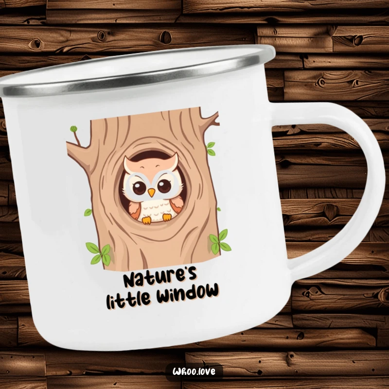 Funny enamel camping mug with a playful owl peeking from a tree hole, ideal for outdoor adventures.