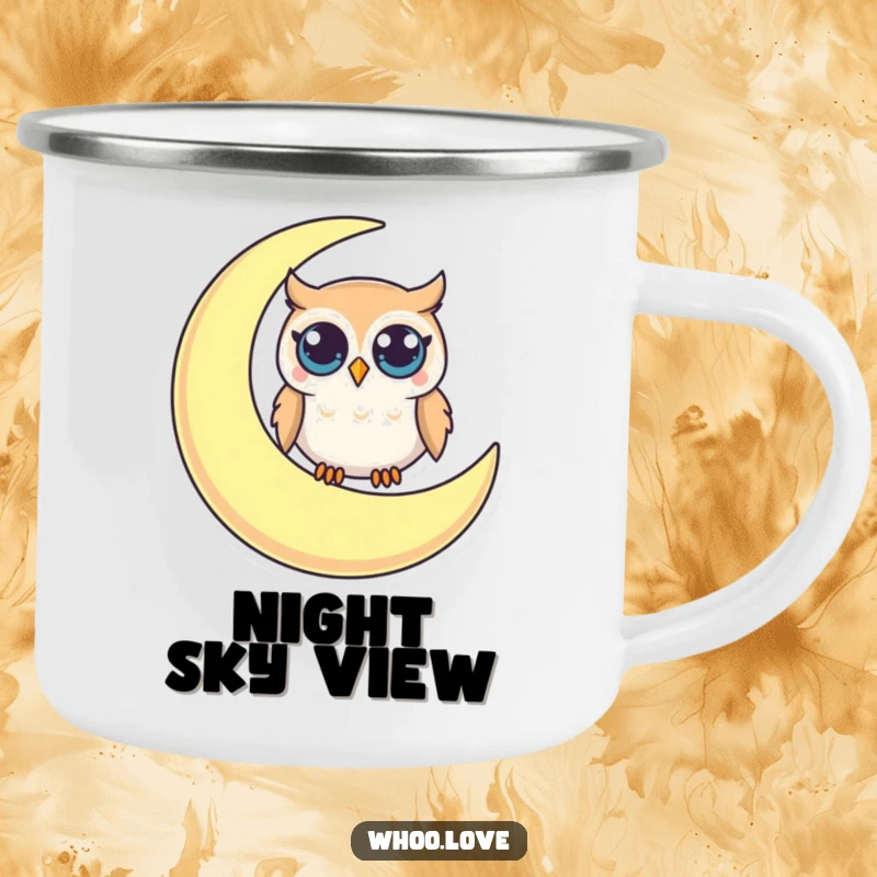 Funny camping mug with a small owl, large curious eyes, perched on a crescent moon, ideal for outdoor humor.