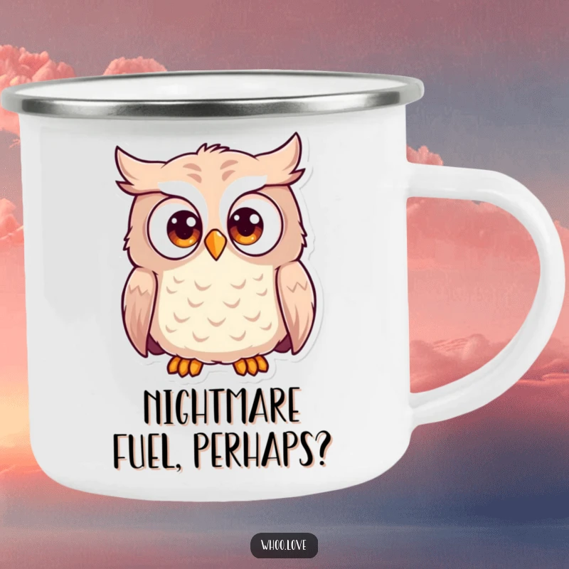 Funny surprised owl camping mug showing an owl with wide, shocked eyes. A durable and humorous mug for outdoor adventures.