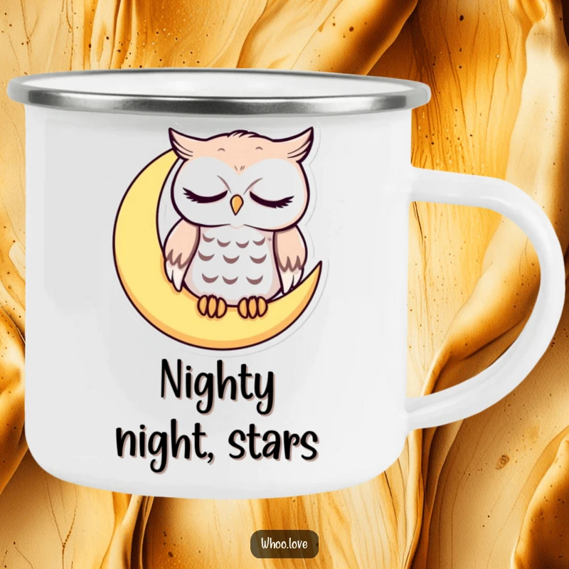 Funny sleepy owl with droopy eyes on a crescent moon, cute nocturnal camping mug, durable and humorous gift for adventurers.