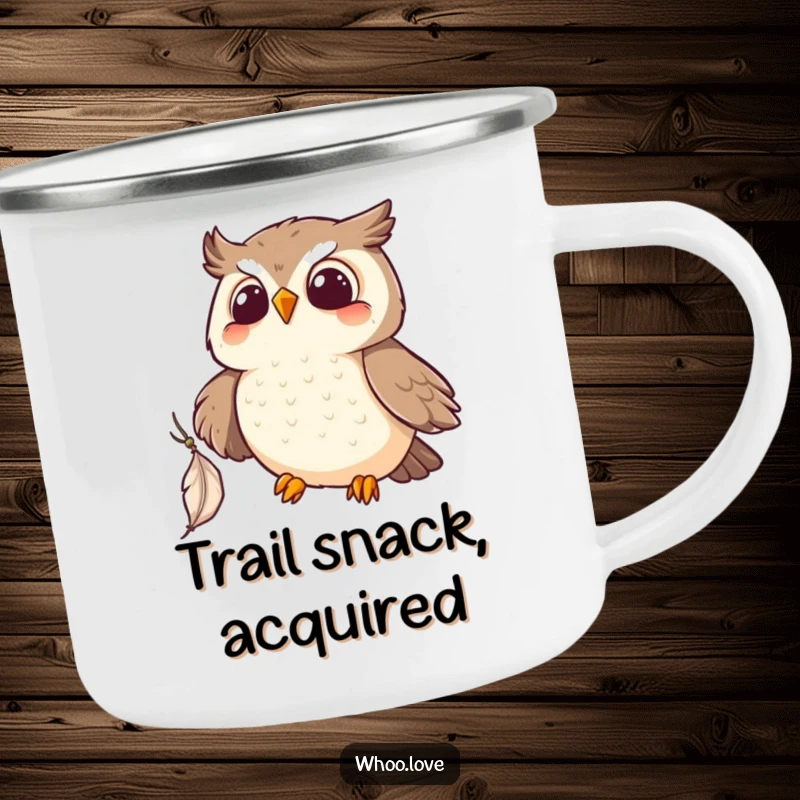 Funny Kawaii owl camping mug, determinedly catching a feather during an outdoor escapade. A fun gift.