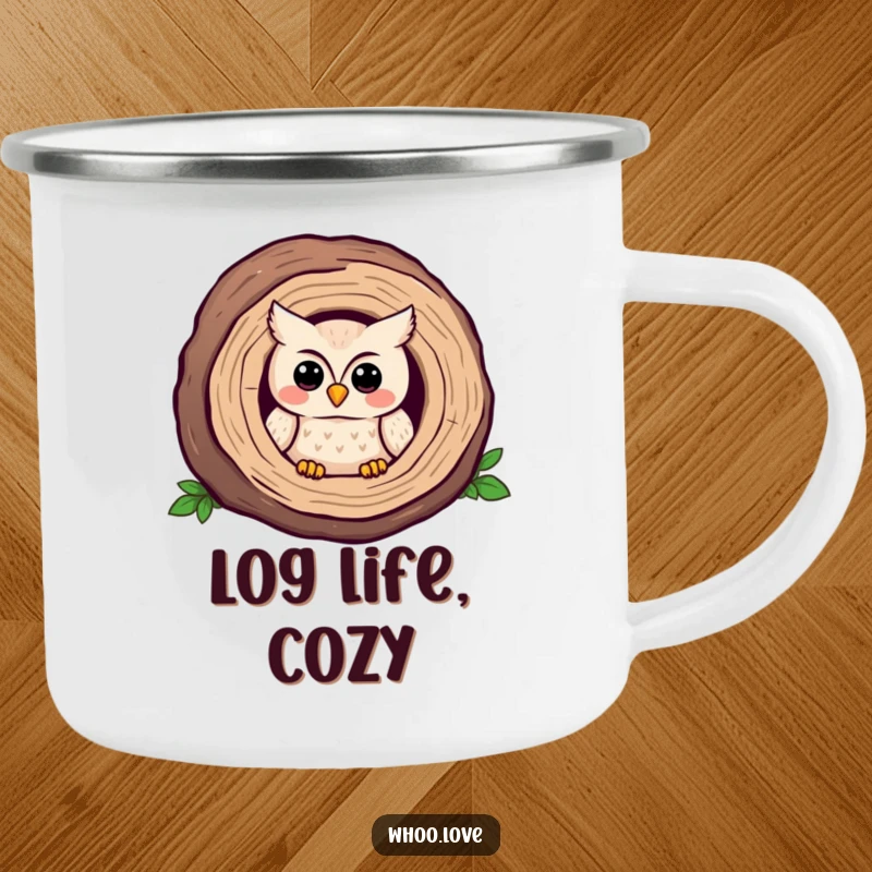 Funny Kawaii owl camping mug, peeking shyly from a log during an outdoor adventure. A funny gift.