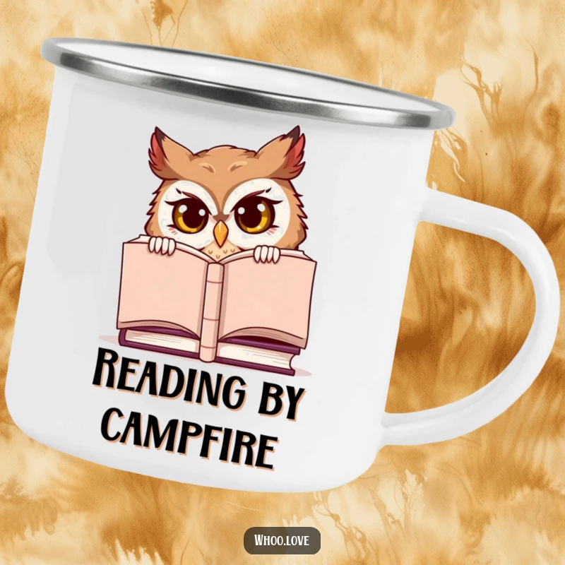 Funny camping mug, a mischievous owl character peeking from behind a large book, perfect for outdoor reading.