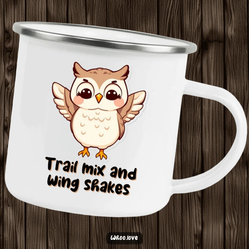 Funny Happy Owl Camping Mug: A durable mug with a cheerful owl character doing a lively wing shimmy, perfect for outdoor enthusiasts.