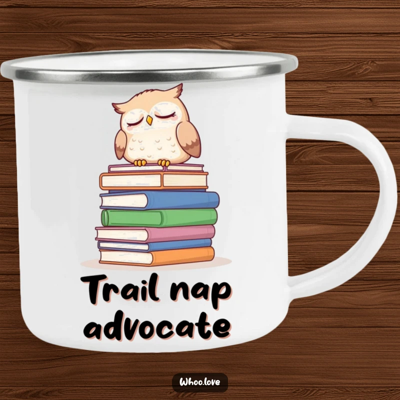 Funny sleepy owl camping mug, showing an owl dozing on books, perfect for outdoor brews and moments of cozy contemplation.