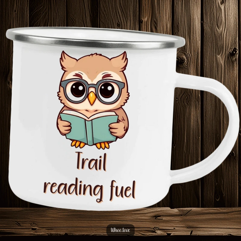 Funny owl camping mug showing an owl with glasses reading a book, ideal for outdoor reading and hot beverages.