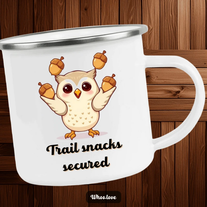 Funny Giddy Owl Camping Mug: A durable mug featuring an excited owl juggling shiny acorns, perfect for outdoor enthusiasts who love fun.