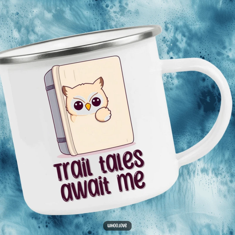 Funny kawaii owl camping mug with an owl peeking from a book, durable for outdoor use and designed to bring smiles and humor to any trip.