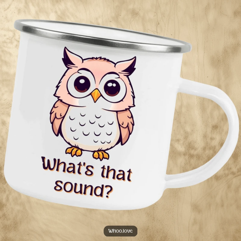 Funny enamel camping mug featuring an owl character with its head tilted in a pose of deep, outdoor curiosity.