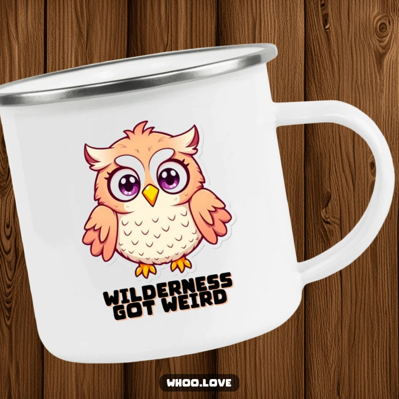 Funny surprised owl camping mug with wide eyes and puffed feathers, designed for outdoor enthusiasts who appreciate humorous and durable drinkware.