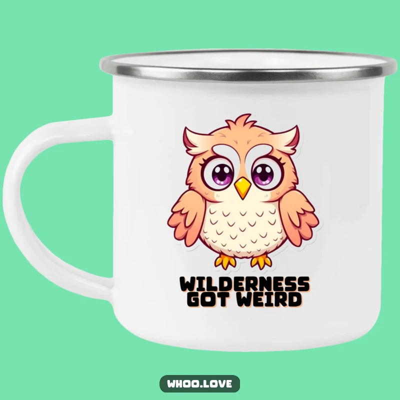 Funny Surprised Owl Camping Mug: Wide-Eyed Enamel Cup, Hilarious Outdoor Gift