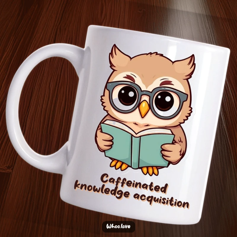 Funny owl mug featuring a scholarly owl wearing spectacles, engrossed in reading a book, symbolizing wisdom and humor.