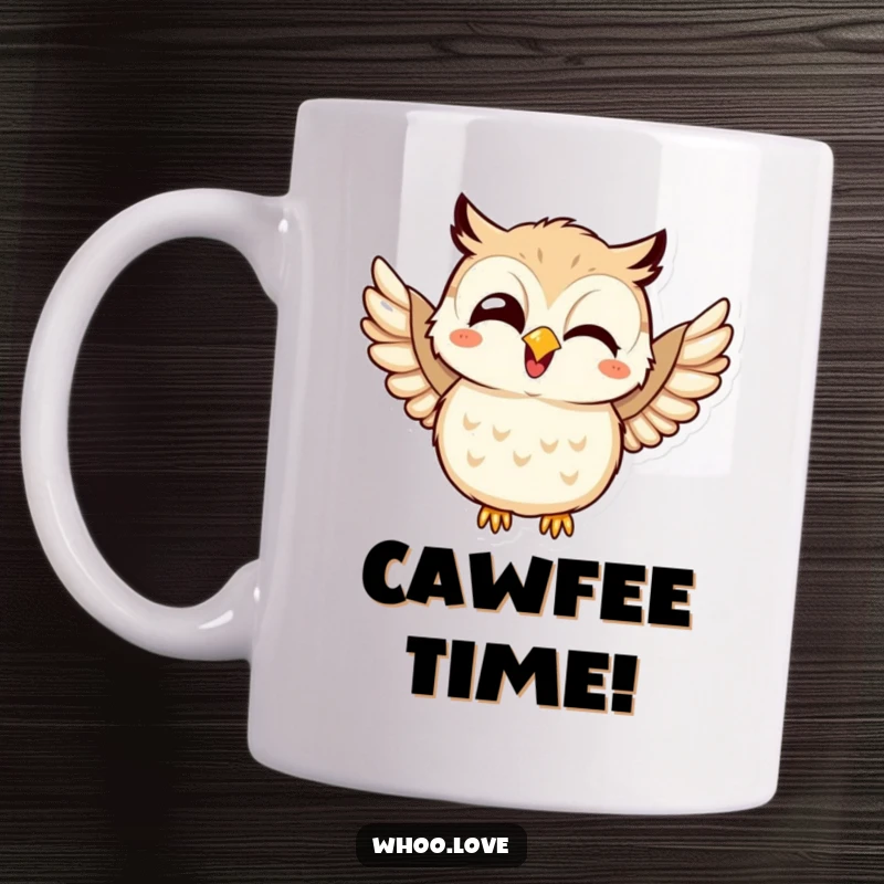 Funny mug with a kawaii owl giggling uncontrollably and flapping its wings with immense joy and delight.