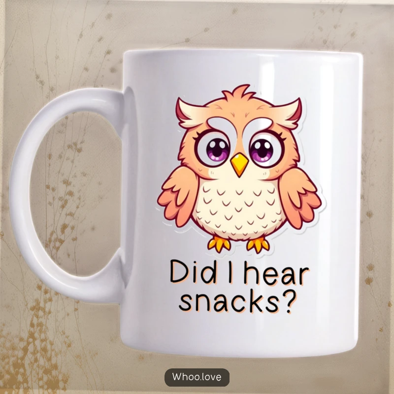 Funny surprised owl mug featuring an owl with comically wide eyes and puffed feathers, capturing a moment of utter astonishment and humor.