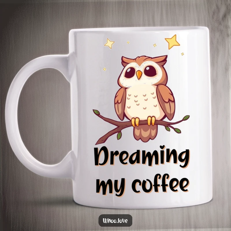 Funny cheerful owl mug perched on a branch, gazing up at a beautiful starry night sky with joy.