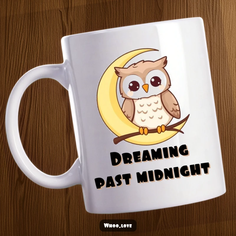 Funny moon owl mug depicting a happy owl peacefully perched on a glowing crescent moon, evoking a sense of calm and wonder.