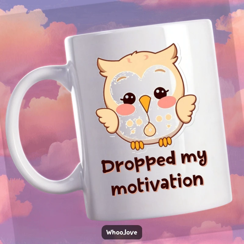 Funny mug featuring a happy owl with a playful glint in its eye, dropping a small, shiny object with delight.