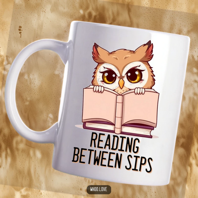 Funny mug, a mischievous owl character with sneaky eyes peeking from behind a very large book.