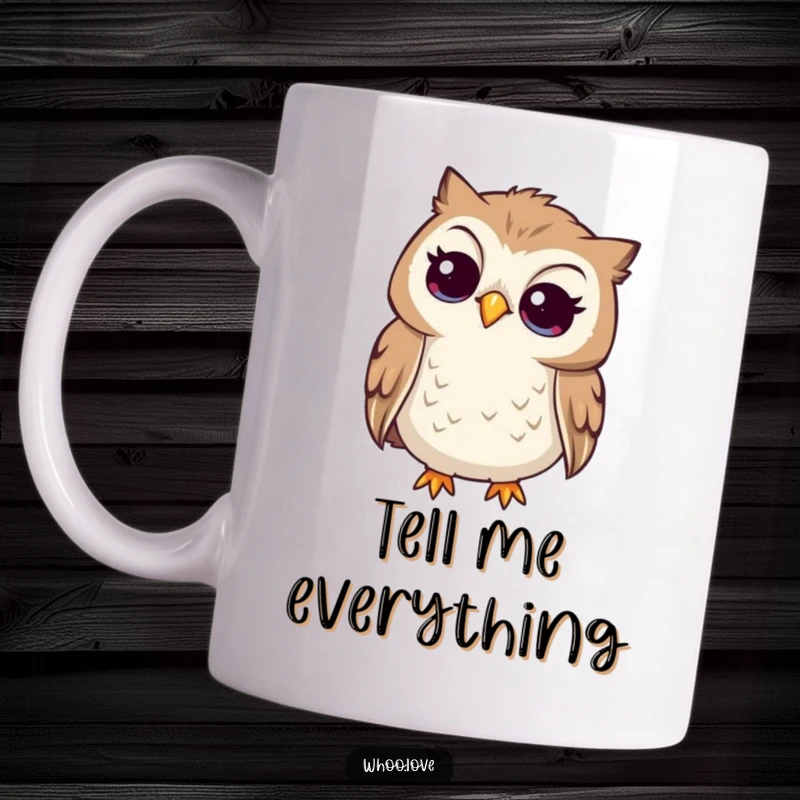 Funny curious owl mug, tilting its head to listen intently, showcasing an attentive and thoughtful personality.