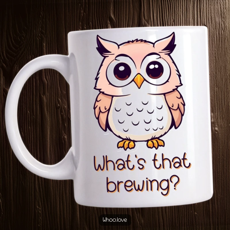 Funny mug featuring an owl character with its head tilted inquisitively, eyes wide with wonder and curiosity.