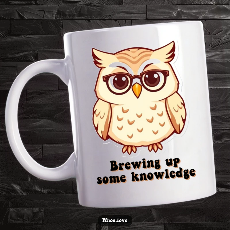 Funny owl mug featuring a curious character wearing tiny spectacles, conveying intelligence and whimsical charm.