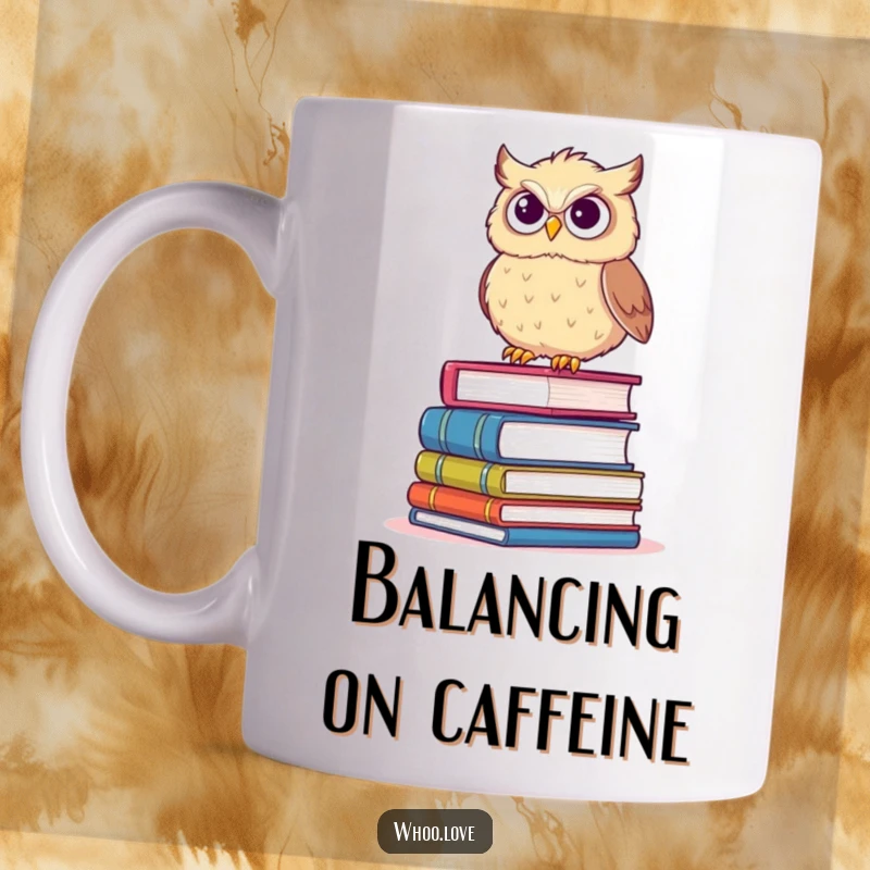 Funny mug with a fluffy owl precariously balancing on a stack of books, sporting a determined grin, for smart humor.