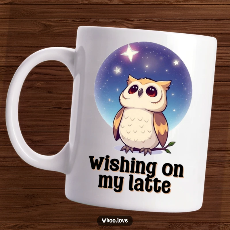 Funny Dreamy Owl Mug: A mystical owl looking upwards at a vast, starry night sky, evoking a sense of wonder and peace.