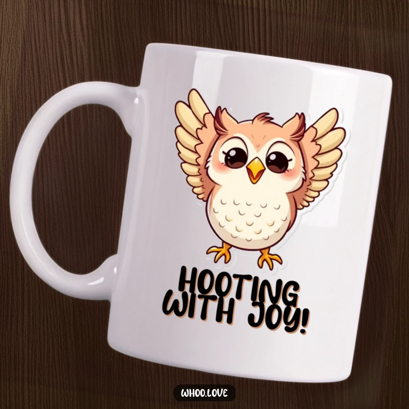 Funny mug featuring an owl flapping its wings excitedly with a wide, infectious grin, radiating pure, happy energy.