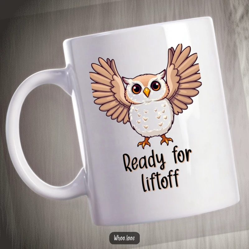 Funny owl mug with a joyful character spreading large, expressive wings, conveying freedom and happiness.