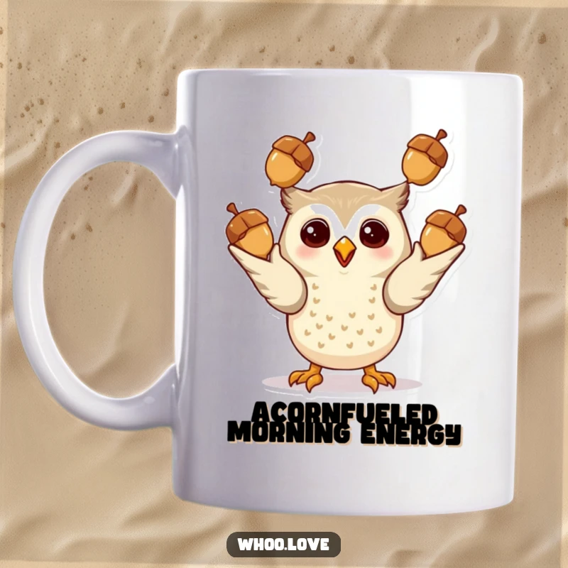 Funny Giddy Owl Mug: An excited owl character energetically juggling three shiny acorns, showcasing pure delight and skill.