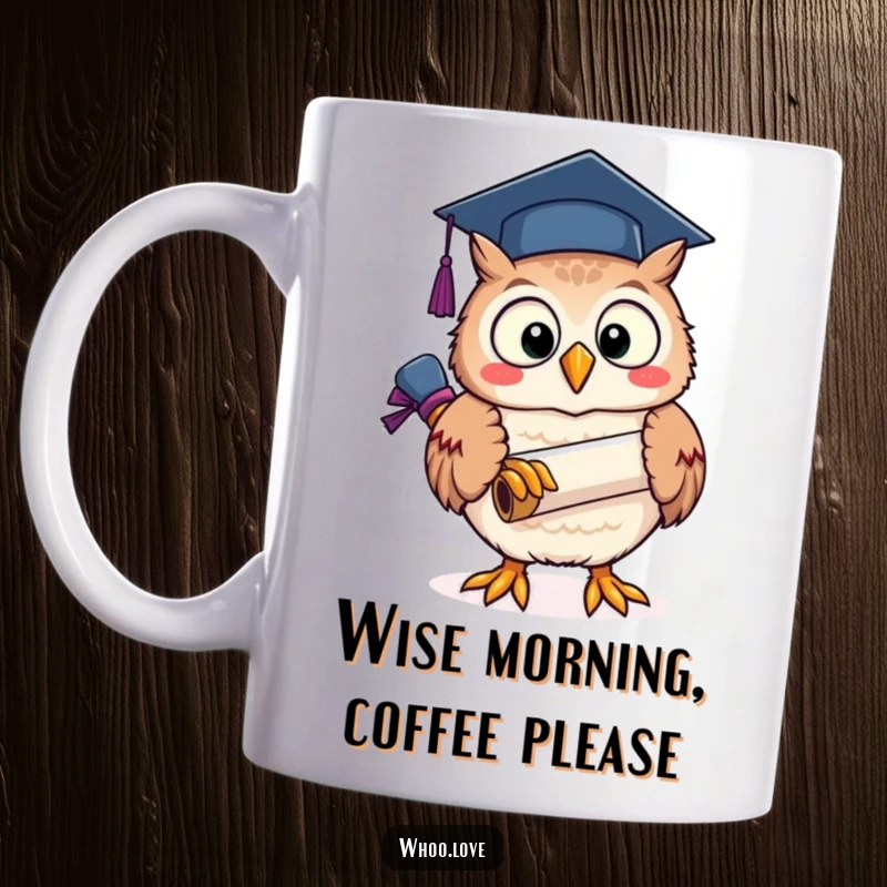 Funny graduation owl character holding a scroll, looking overjoyed with its academic achievement, perfect for a coffee mug.