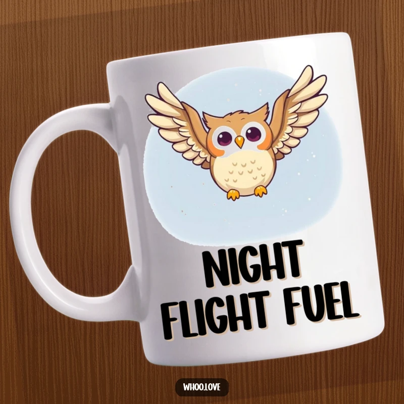 Funny owl mug featuring a joyful owl character soaring gracefully through the starry night sky with wings spread wide in pure happiness.