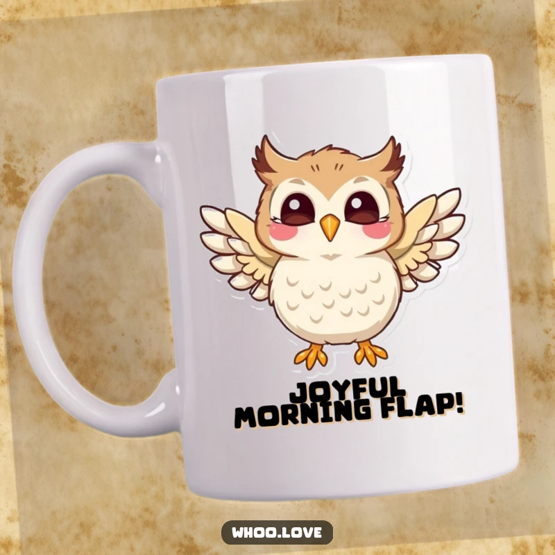 Funny mug showcasing a playful owl character flapping its wings with sheer joy and excitement, a delightful funny gift.