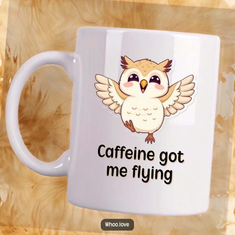 Funny joyful owl mug depicting an owl enthusiastically flapping its wings, radiating pure happiness and a sense of celebratory fun.